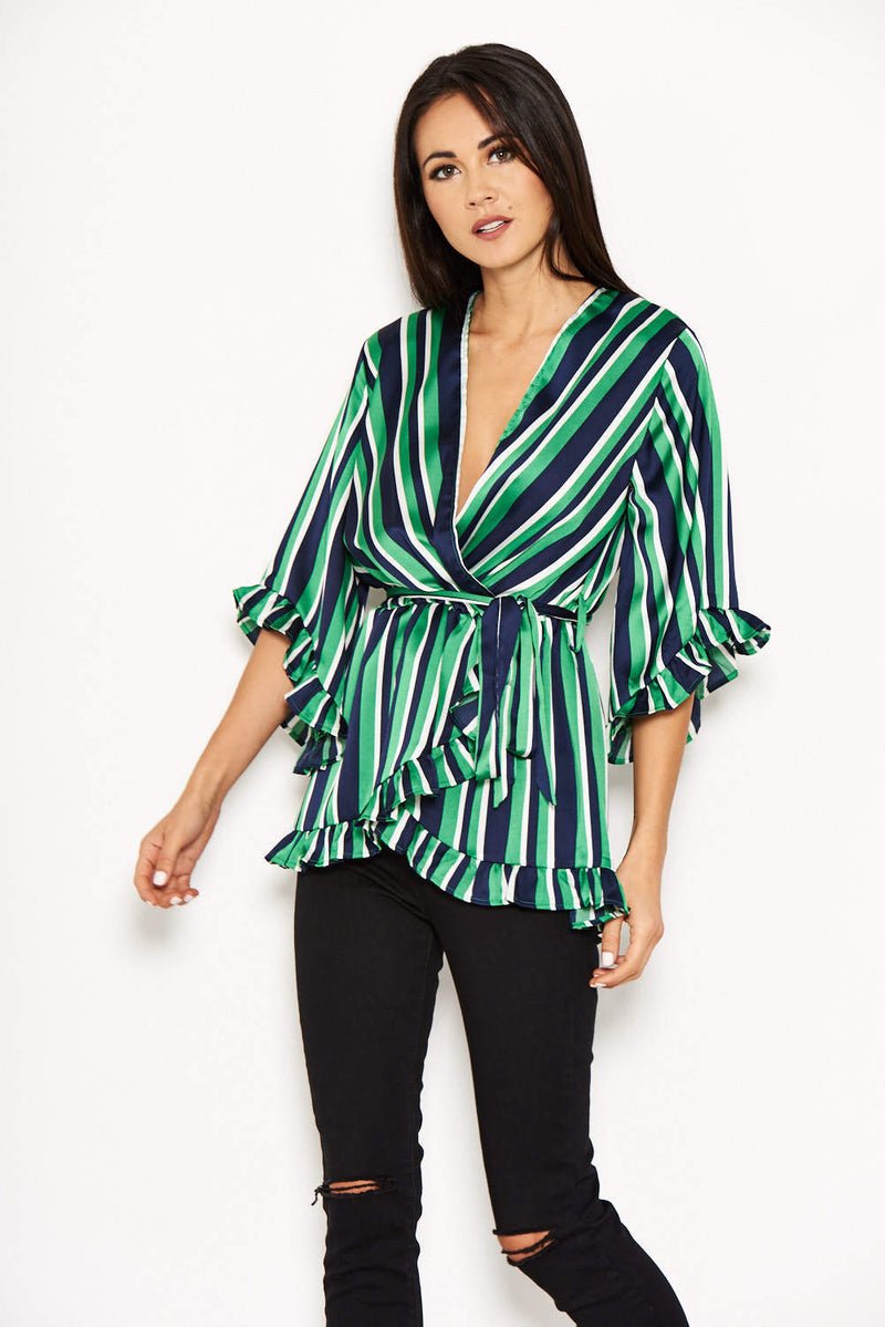 Green Striped Frill Tie Top