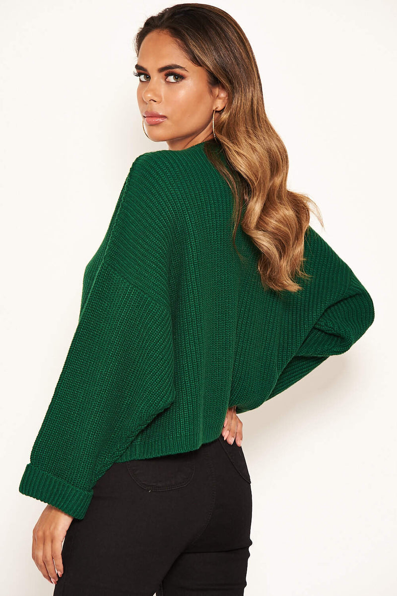 Forest Green Wide Sleeve Cropped Knit Jumper