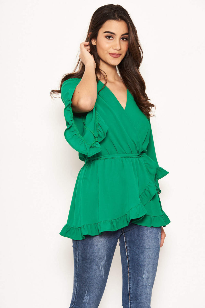 Green Wrap Frill Top