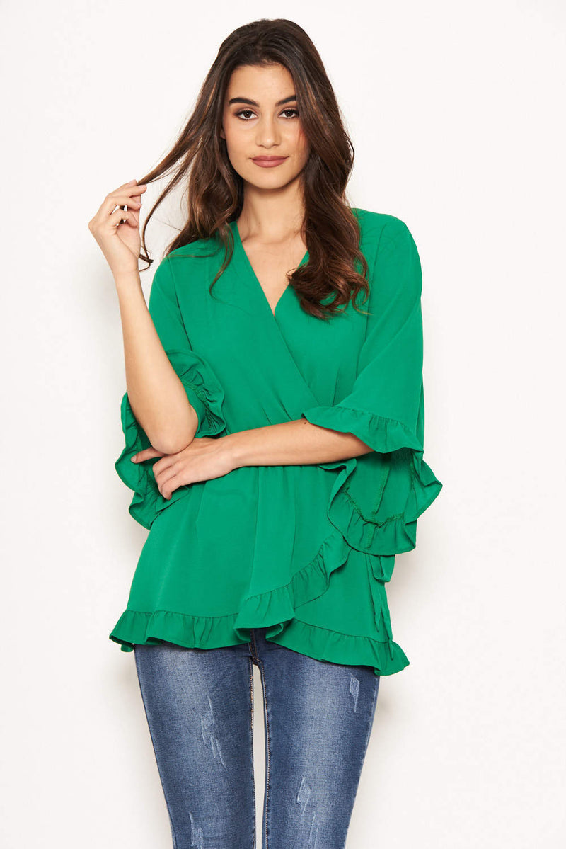 Green Wrap Frill Top