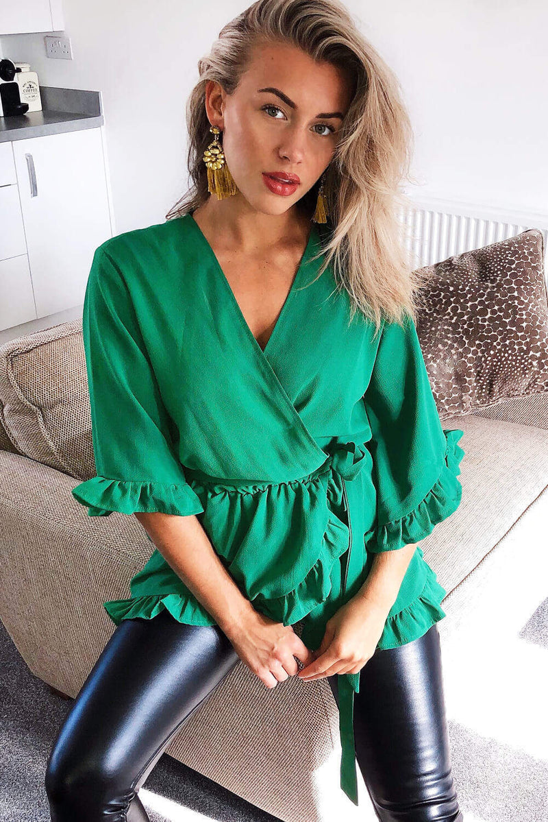 Green Wrap Frill Top