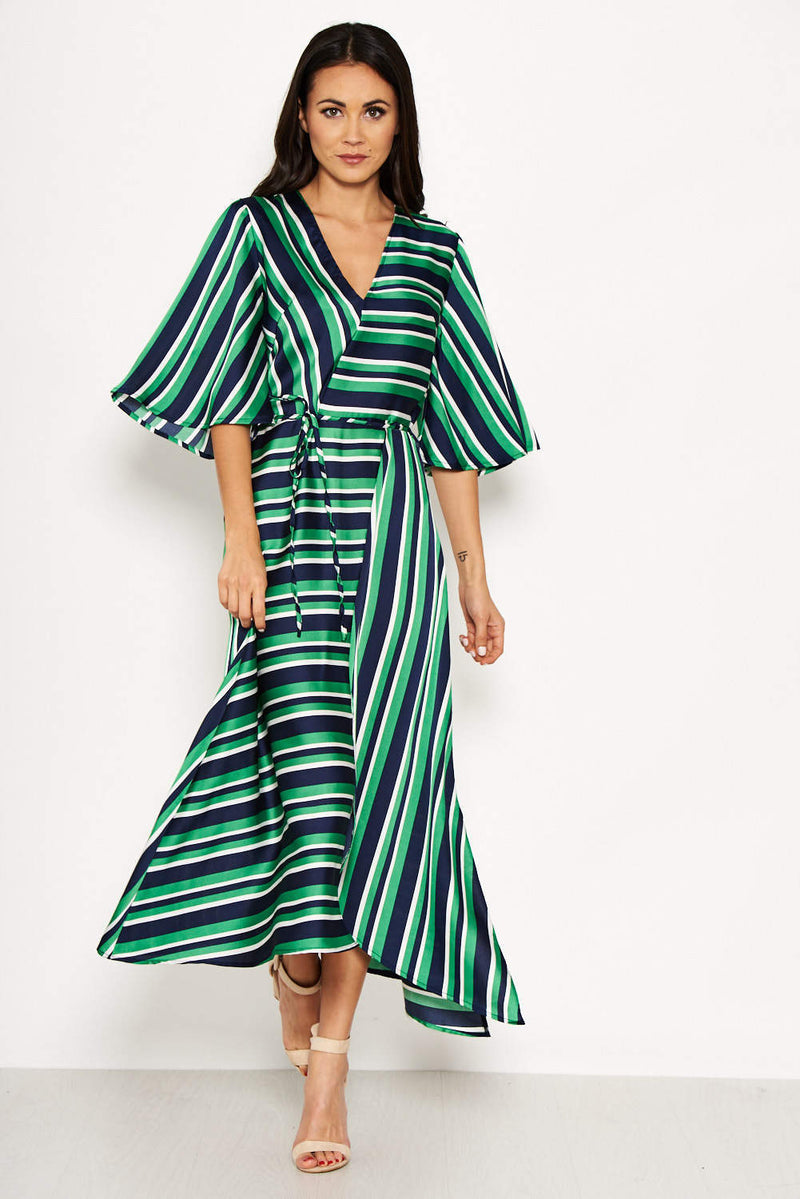 Green Striped Wrap Over Dress AX Paris