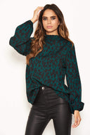 Green Leopard Print High Neck Top