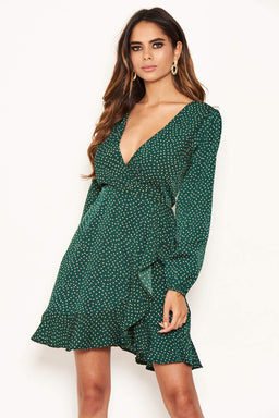 Green Polka Dot Frill Hem Dress