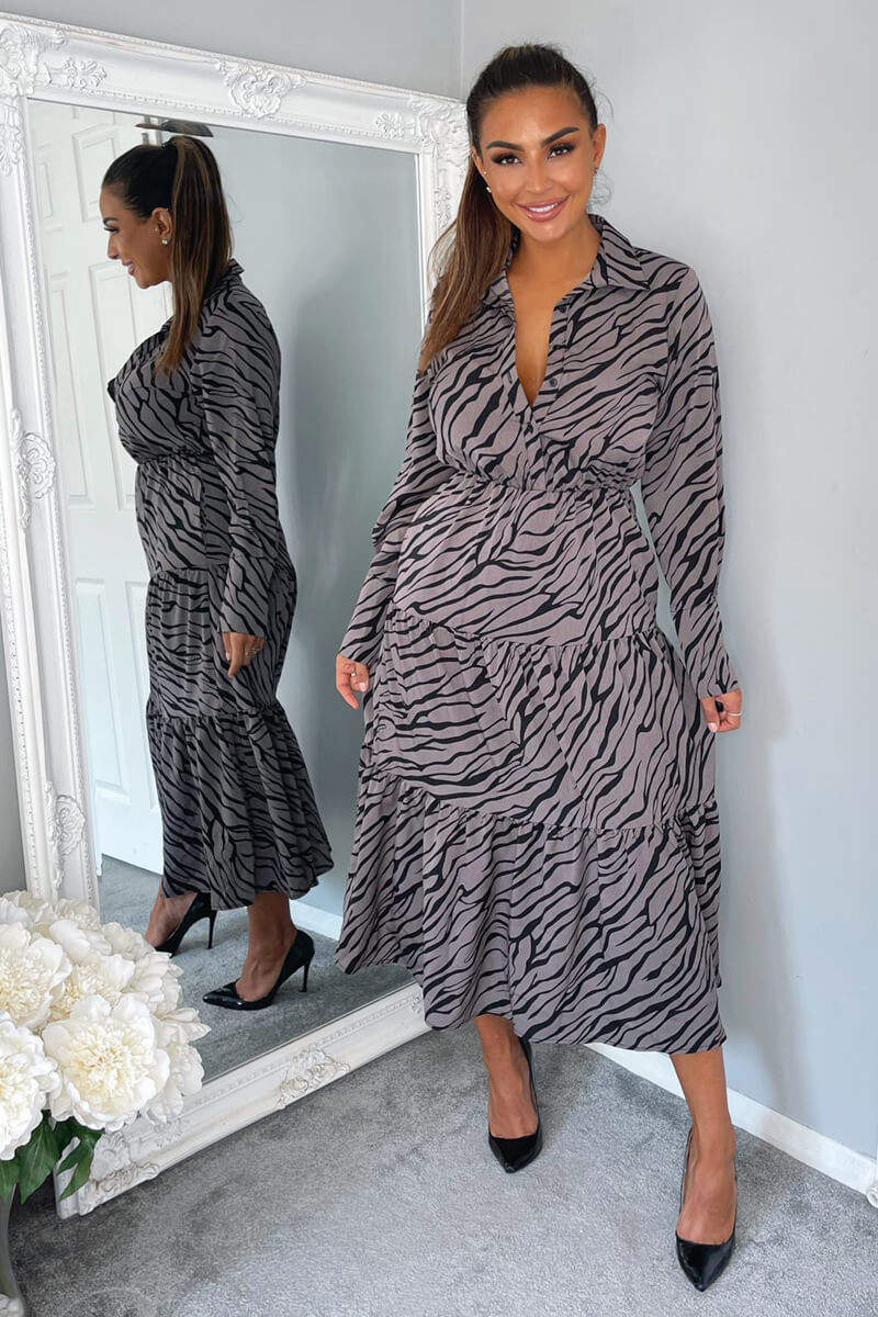 Grey Animal Print Button Up Midi Dress