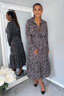 Grey Animal Print Button Up Midi Dress