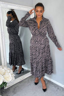 Grey Animal Print Button Up Midi Dress