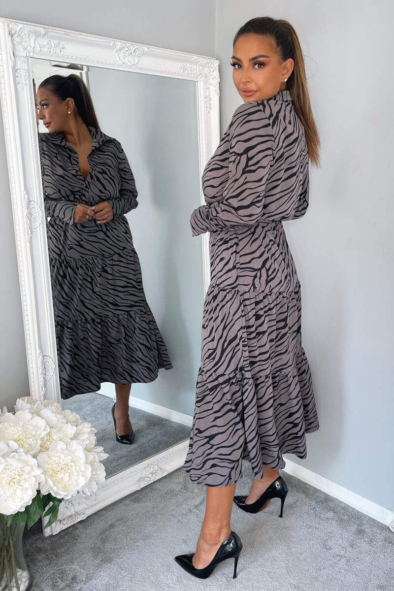 Grey Animal Print Button Up Midi Dress