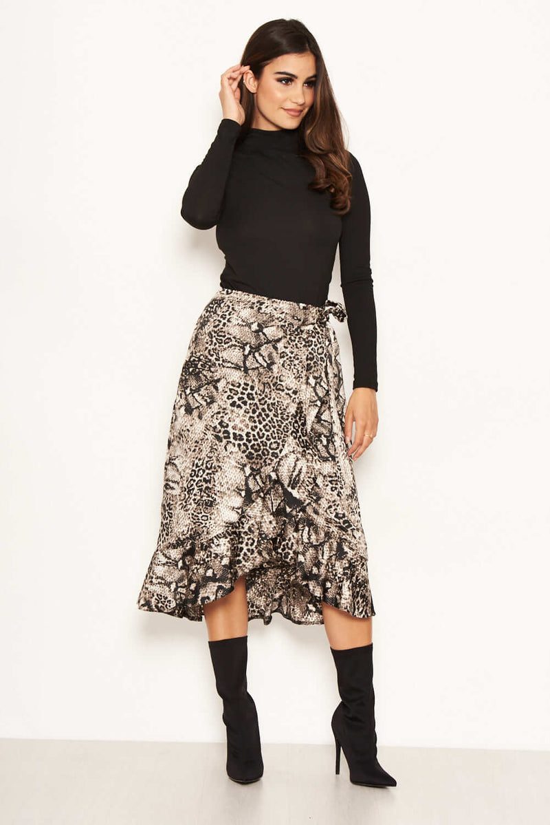 Grey Animal Print Wrap Skirt