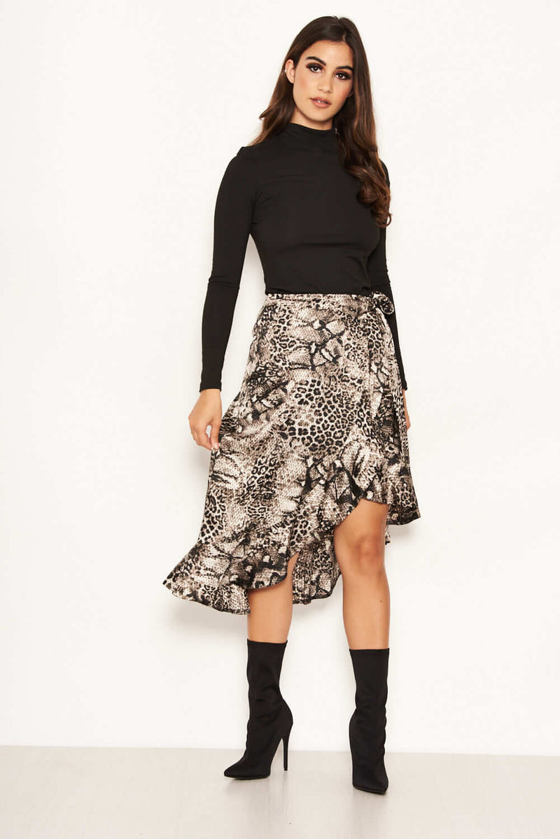Grey Animal Print Wrap Skirt