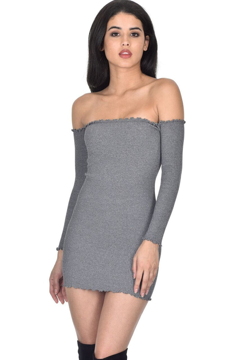 Grey Bardot Ruffle Detail Knit Dress