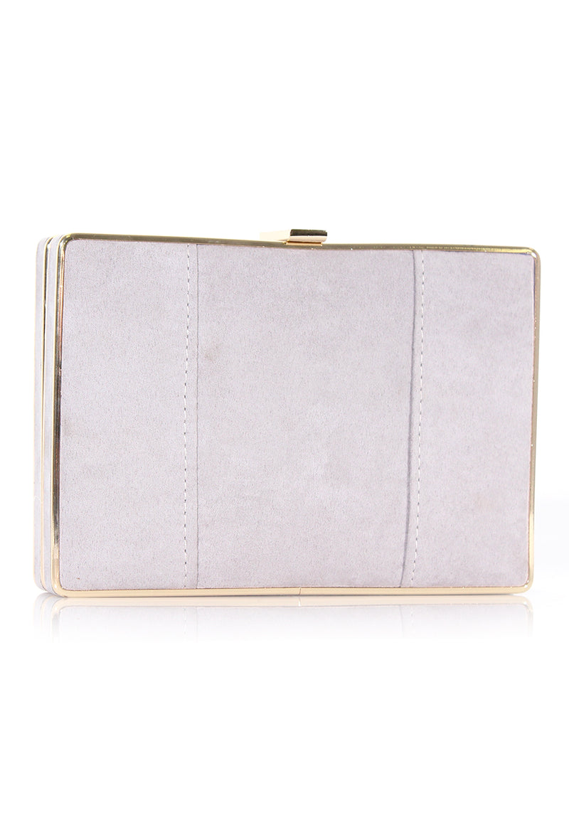 Grey Box Suede Clutch with Gold Detail