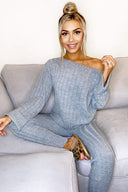 Grey Chunky Knit Slash Neck Lounge Set