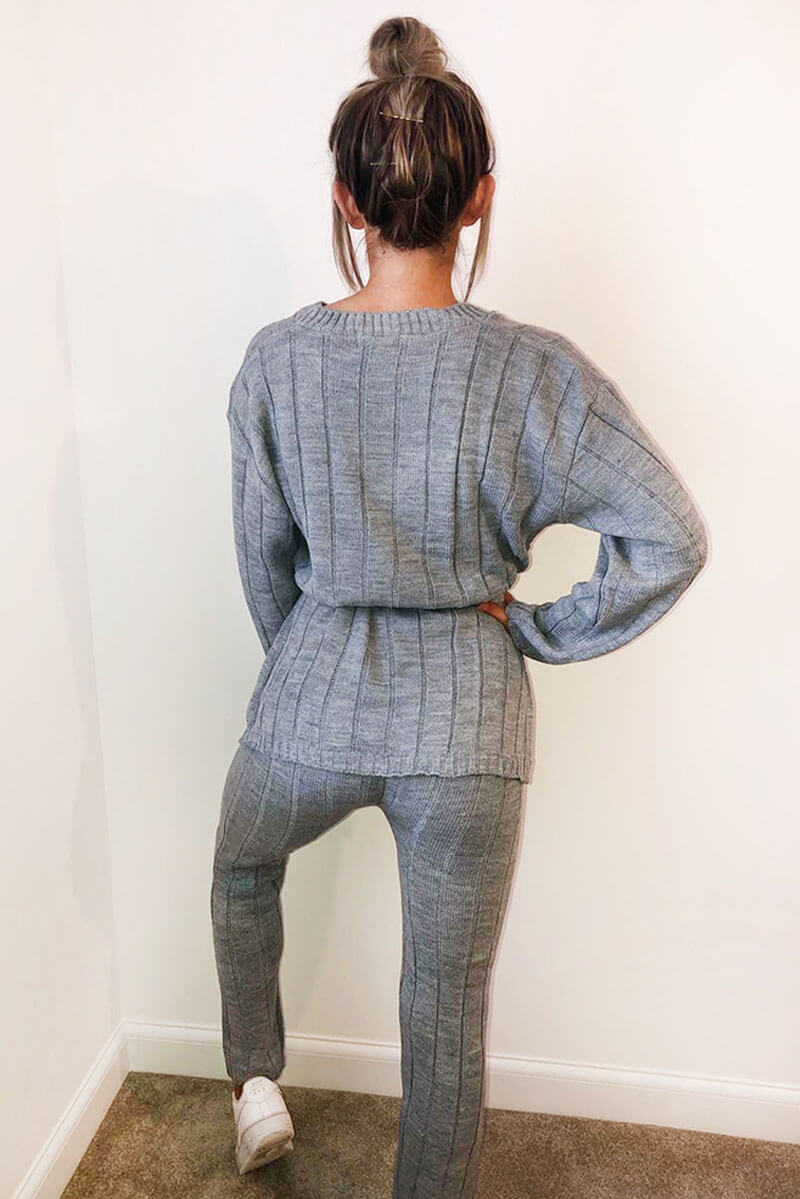 Grey Chunky Knit Tie Waist Lounge Suit