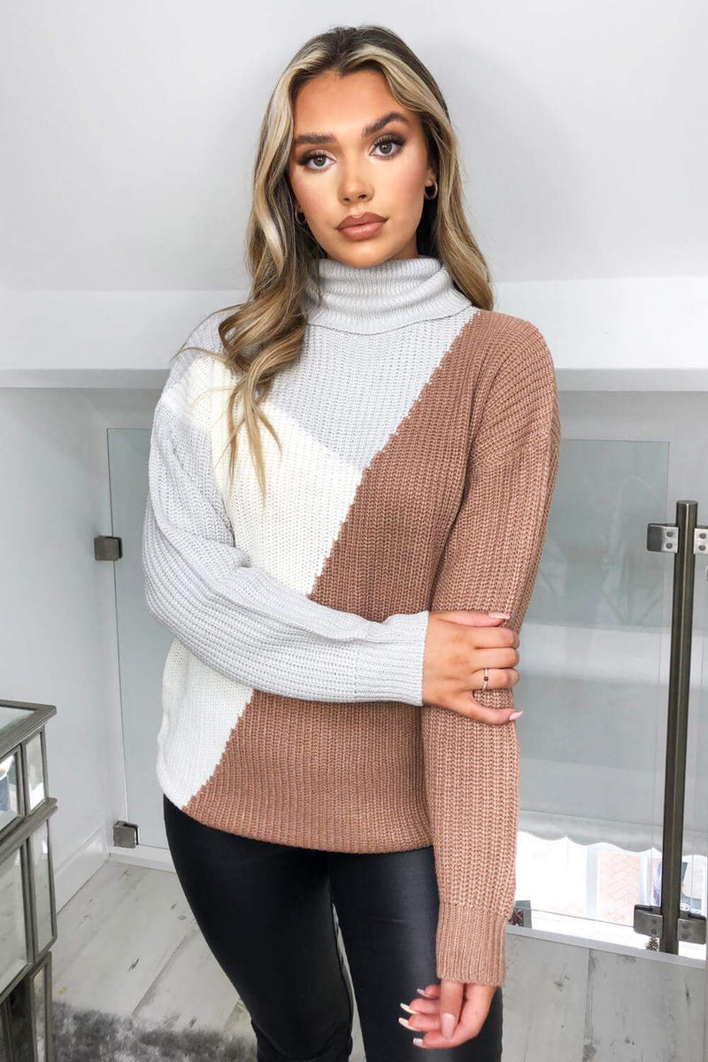 Grey Colour Block Roll Neck Knitted Jumper