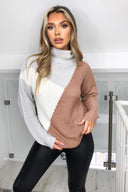 Grey Colour Block Roll Neck Knitted Jumper