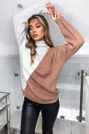 Grey Colour Block Roll Neck Knitted Jumper