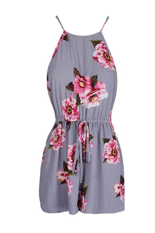 Grey Contrast Floral High Neck Playsuit