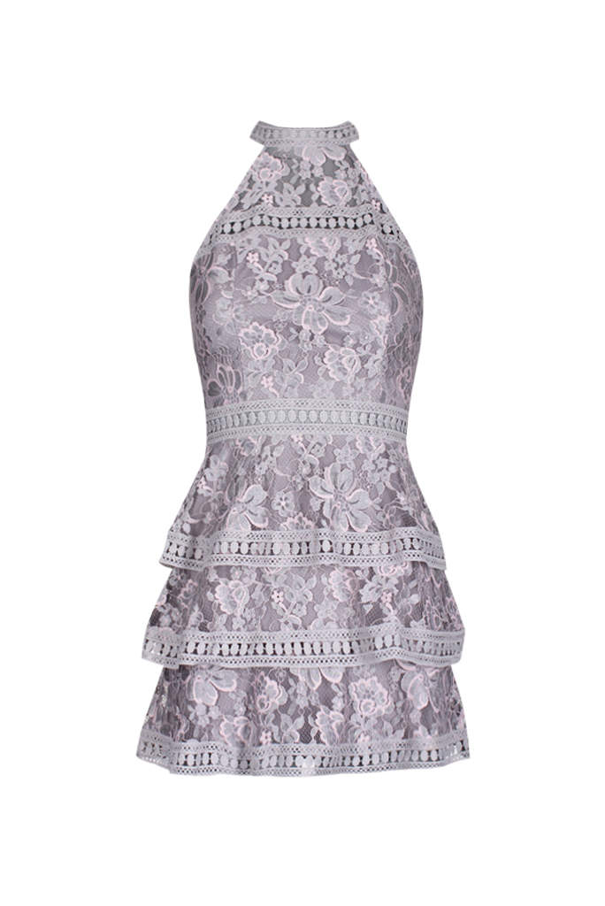 Grey Crochet Layered High Neck Dress