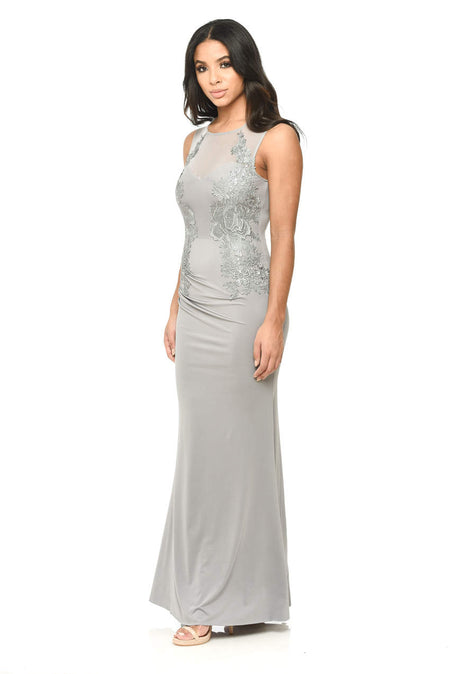 Grey Floor Length Fitted Dress With Lace Detail