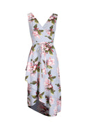 Grey Floral Print Sleeveless Wrap Over Dress