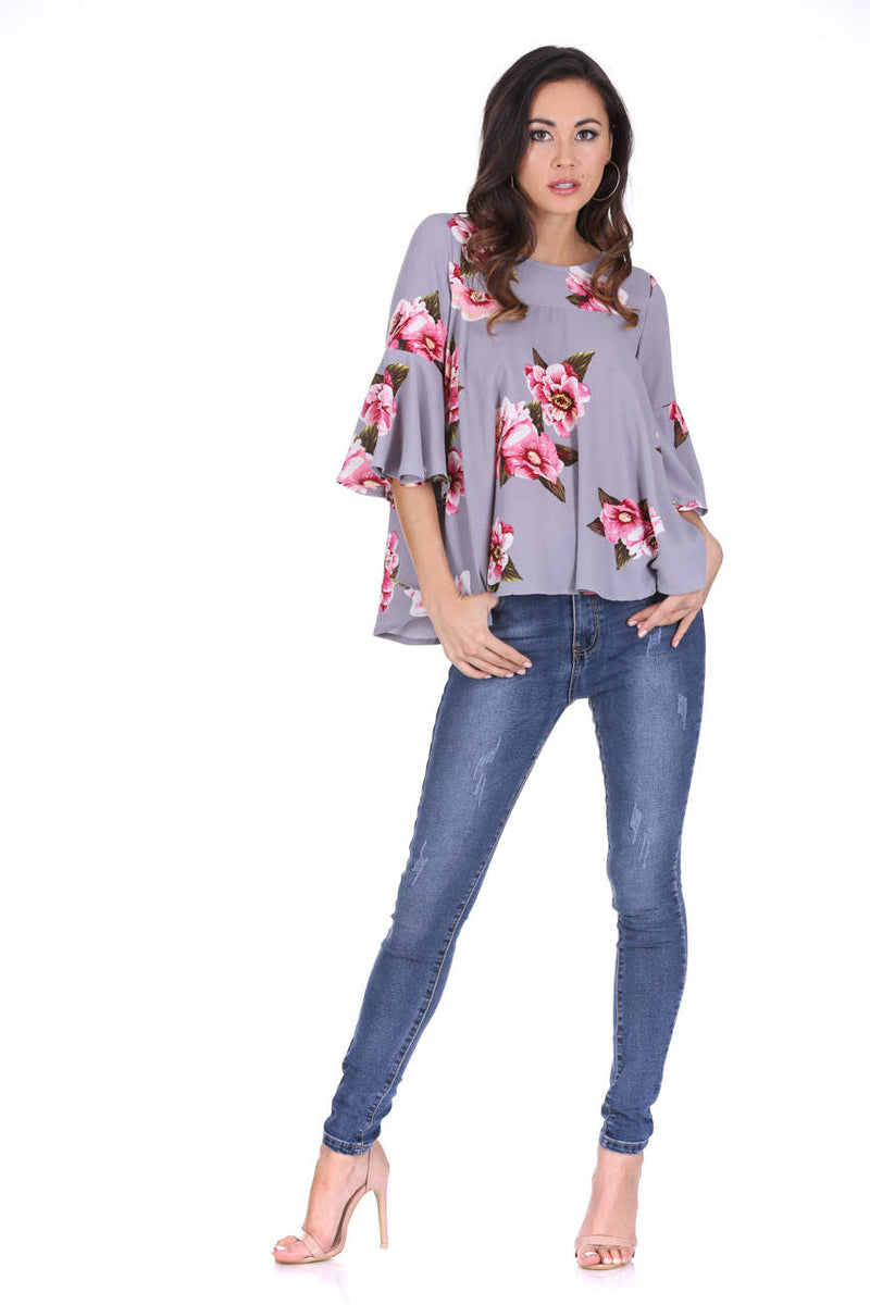 Grey Floral Frilled Sleeved Top