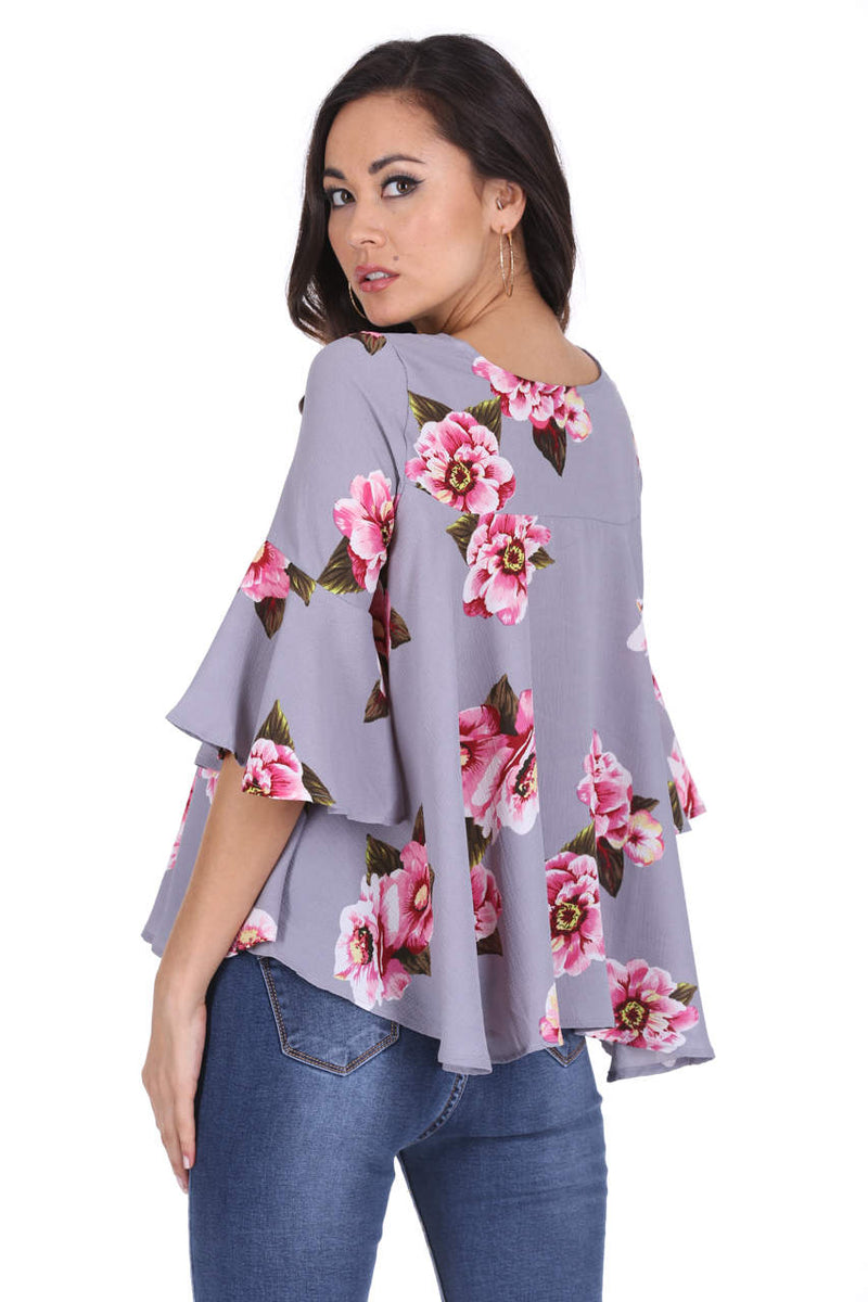 Grey Floral Frilled Sleeved Top