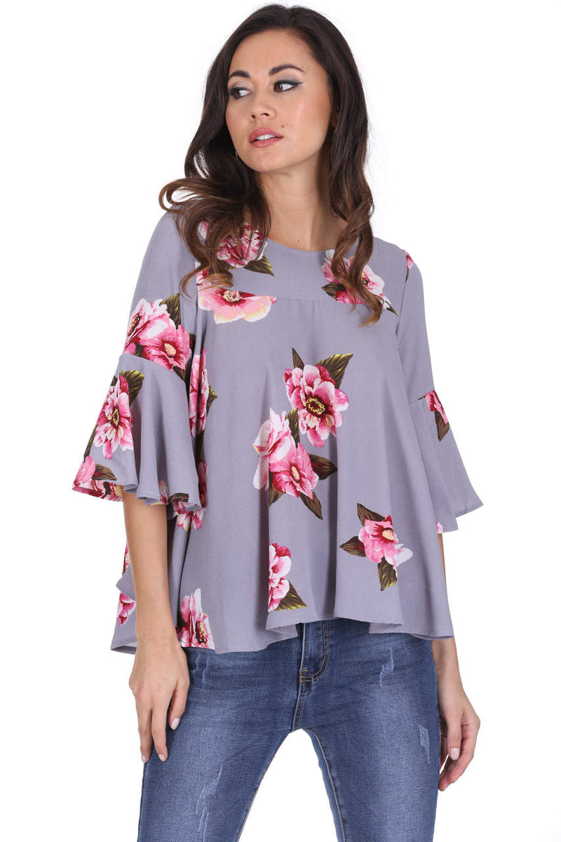 Grey Floral Frilled Sleeved Top