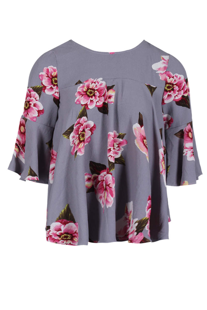 Grey Floral Frilled Sleeved Top