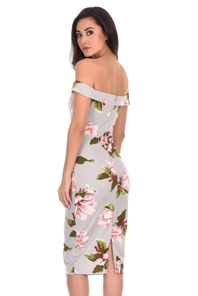 Grey Floral Notch Front Bodycon Dress