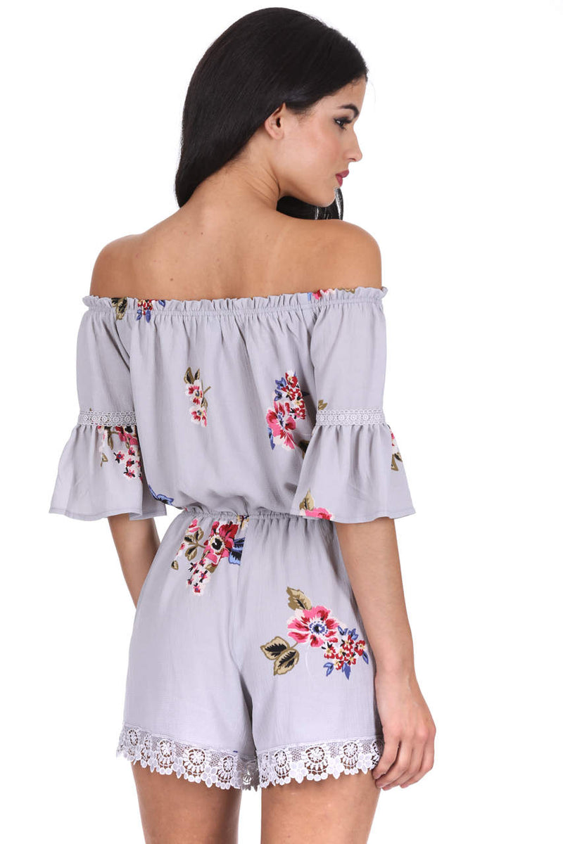 Grey Floral Print Off The Shoulder Playsuit