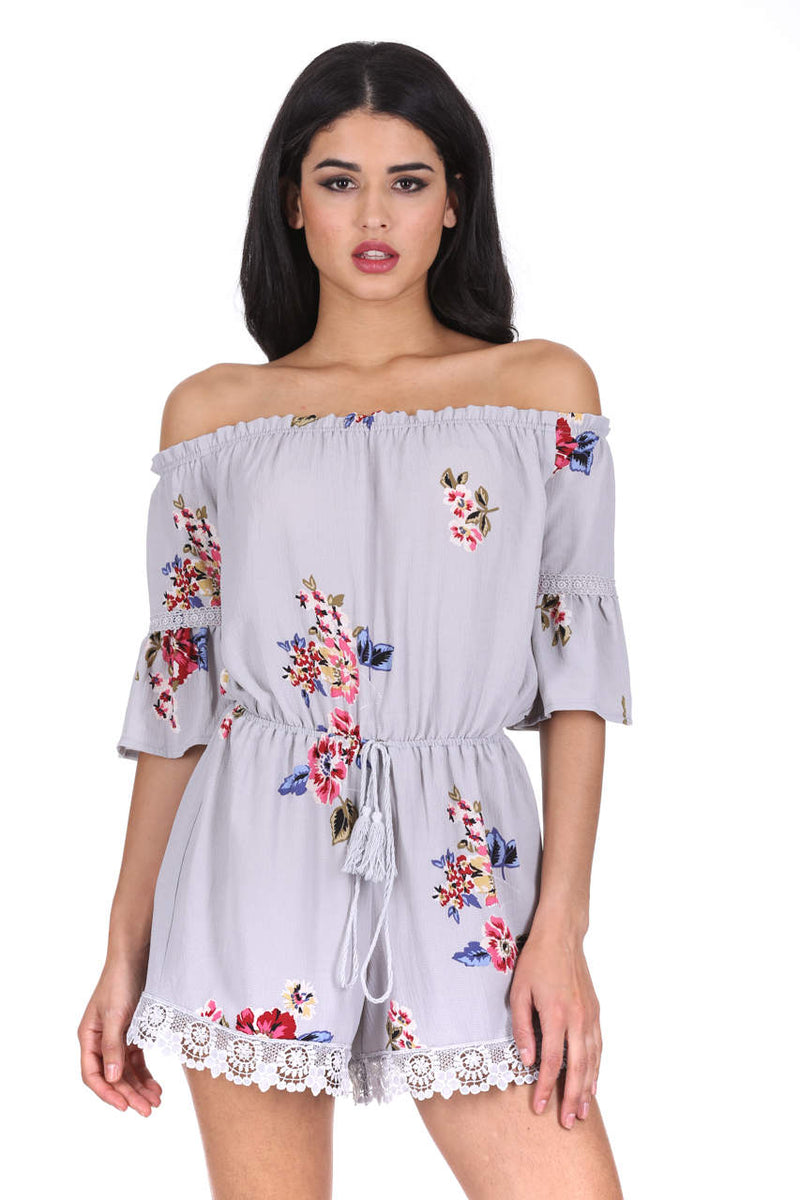 Grey Floral Print Off The Shoulder Playsuit