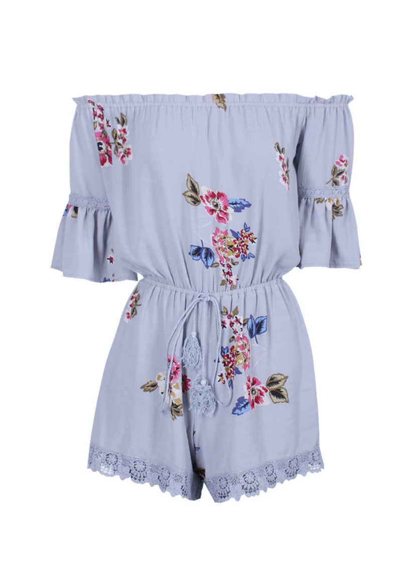 Grey Floral Print Off The Shoulder Playsuit