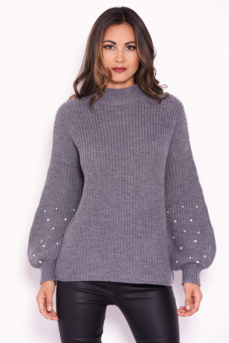 Grey Jumper With Pearl Detail – AX Paris