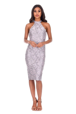 Grey Lace Cut In Neck Midi Dress