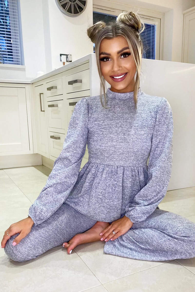 Grey Marl Long Sleeve Peplum Lounge Set