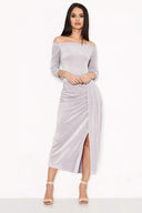 Grey Off Shoulder Wrap Front Sparkle Dress