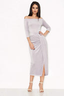 Grey Off Shoulder Wrap Front Sparkle Dress