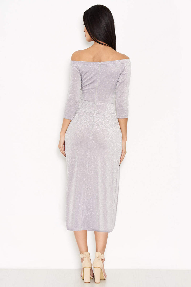 Grey Off Shoulder Wrap Front Sparkle Dress