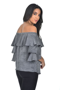 Grey Off The Shoulder Frill Top