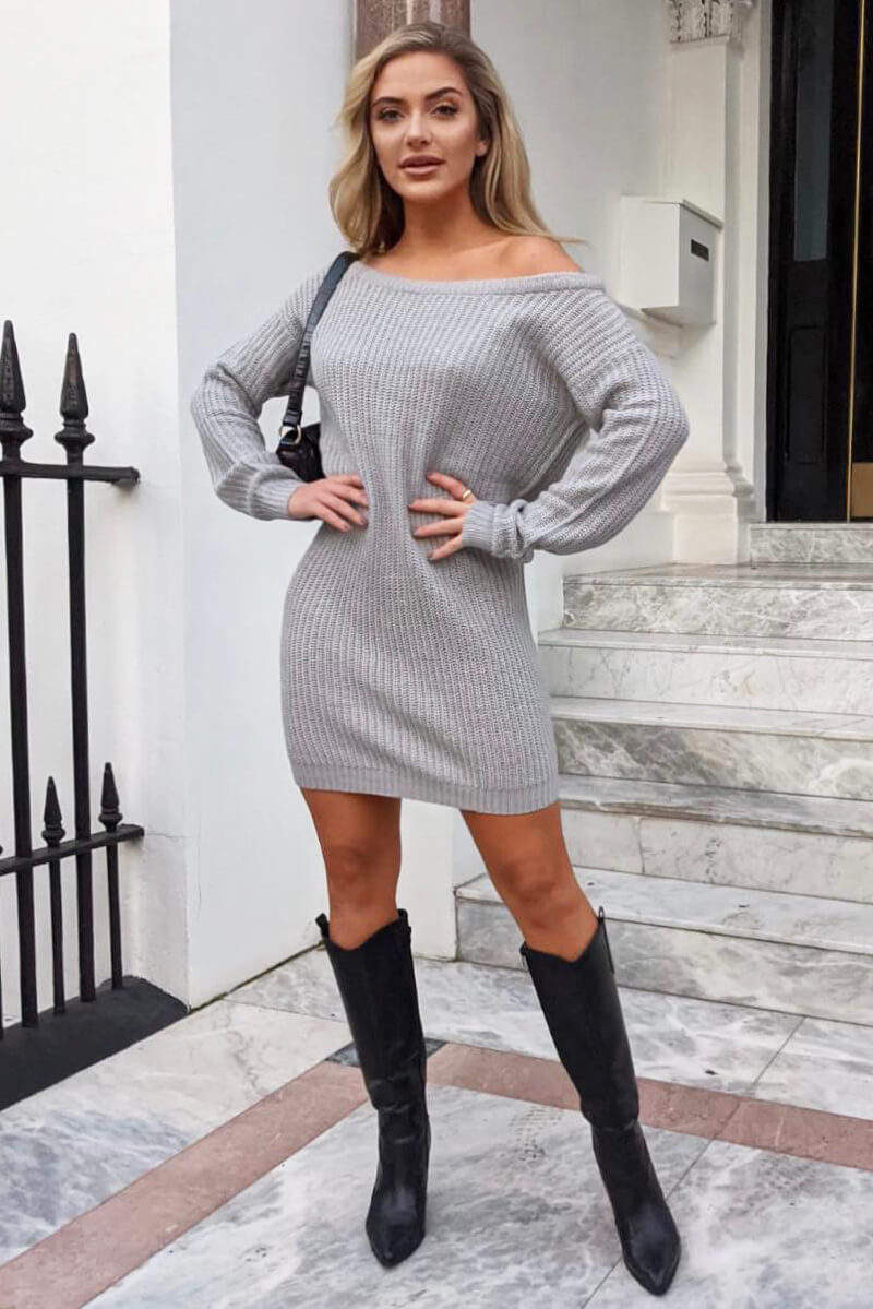Grey Off The Shoulder Knitted Dress