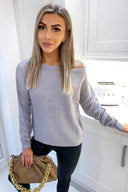 Grey Off The Shoulder Knitted Jumper