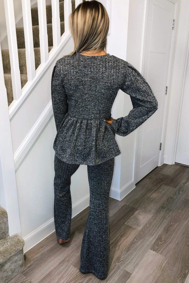 Grey Peplum Flared Leg Lounge Set