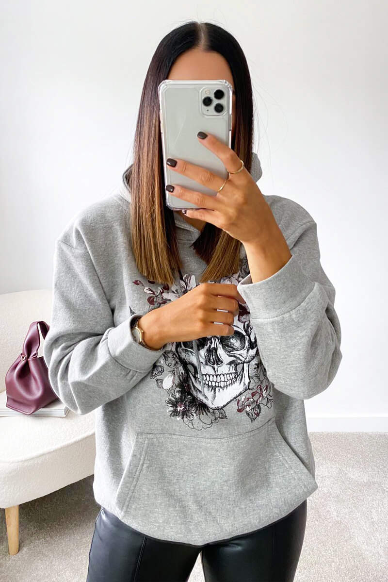 Grey Skull Printed Hoodie