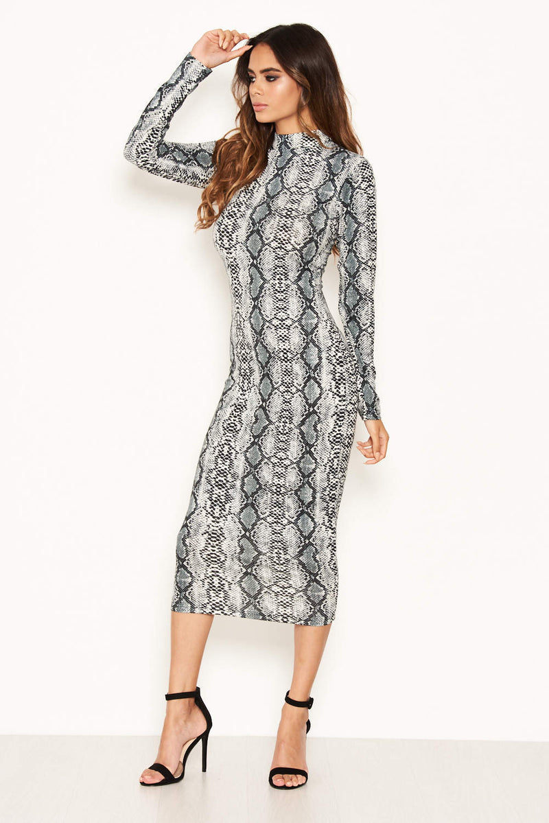 Grey Snake Print Bodycon Midi Dress