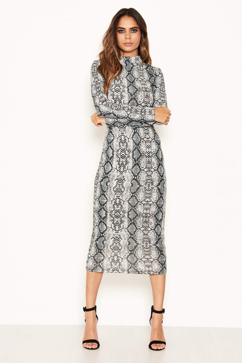 Grey Snake Print Bodycon Midi Dress