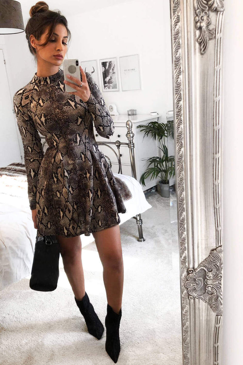 snake print skater dress Skater Dress Petite Snake Print Dress Snake-print Bodycon Mini Dress L BROWN 04614
