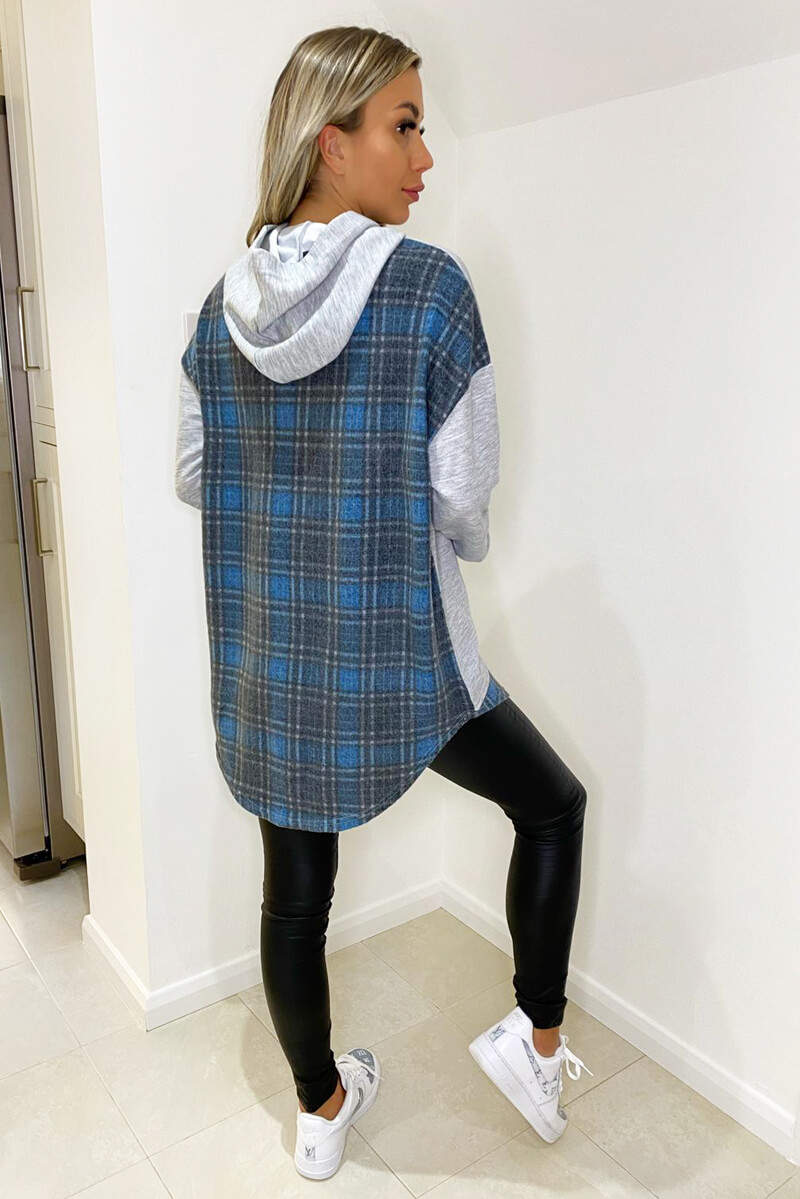 Grey Soft Touch Blue Checked Back Hoodie