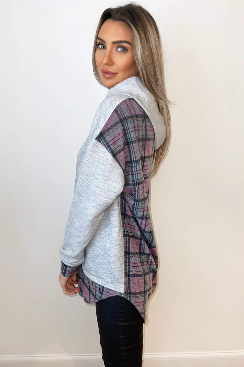 Grey Soft Touch Pink Checked Back Hoodie