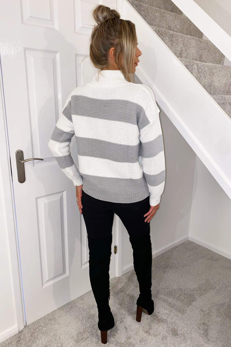 Grey Striped High Neck Knit Jumper